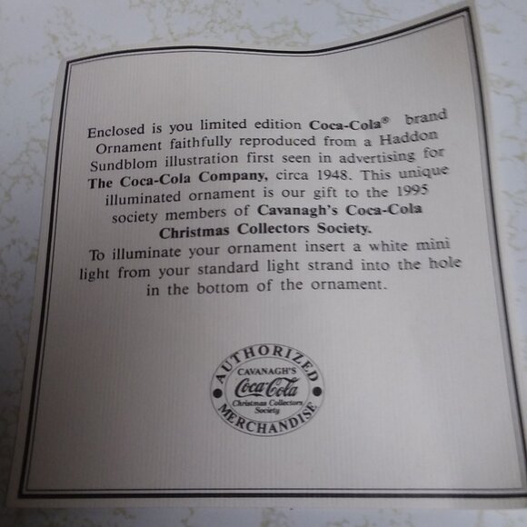 Coca-Cola Cavanagh's Light Up Christmas Ornament 1995 in Box with COA - Picture 5 of 7